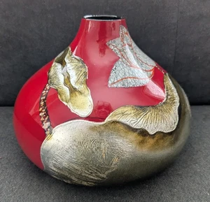 Vintage Keramik Abstrakt Foliert Strukturiert Keramik Vase Rot Schwarz Innen 6" - Bild 1 von 10