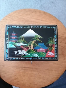 Vintage Japanese Hand painted Black Lacquer Musical Jewellery Box - Picture 1 of 21