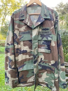 US Navy USN Seabees Woodland Camo Fatigue BDU Shirt Bluse Large Long used - Bild 1 von 5