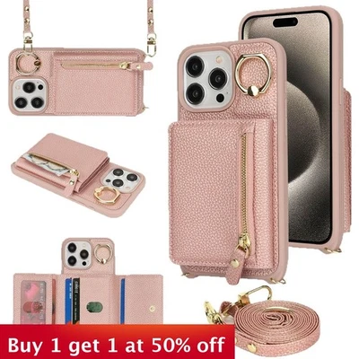 For iPhone 16 Pro Max 15 14 13 12 11 Phone Cover Leather Zipper Card Holder New - Image 1 of 4