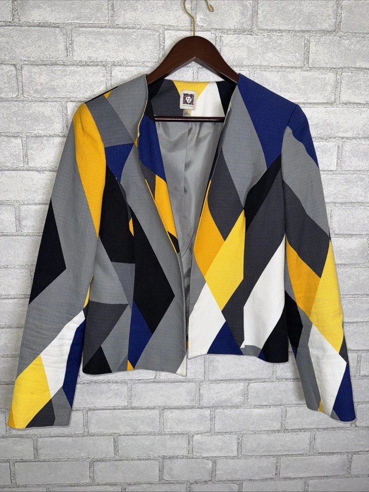 Impresionante Blazer de Anne Klein Talla 4 Hermosa Mezcla Geométrica Colores Grande L Foto 1 de 4