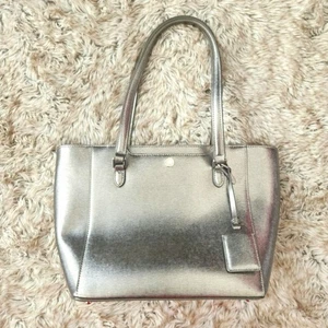 Lauren Ralph Lauren Leather Gunmetal Tote Silver - Picture 1 of 13