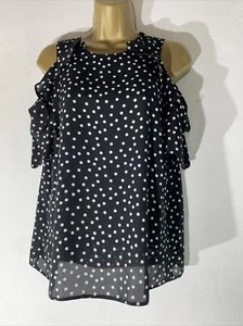 womens M&Co Uk 12 Black&white Polka Dot Short Sleeve Cold Shoulder Shirt blouse - Picture 1 of 7