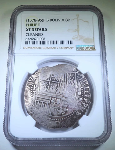 NGC 1578-95 Philip II Bolivia Silver 8 Reales Spanish Colonial Dollar Cob Coin Cover