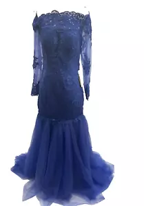 Wedding Dress Blue Embroidery Off Shoulder 3/4 Sleeve Lace Tulle Gown Size - Picture 1 of 15