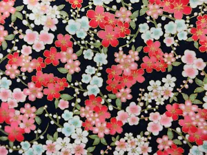 Dk Blue Japanese Kimono Oriental Style Sakura Gold Foil Cotton Fabric, 56x145cm - Picture 1 of 12