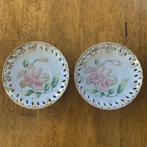 Vtg Pierced Saucers Raised Textured Floral Design Gold Iridescent Trim Set Of 2 - Picture 1 of 6