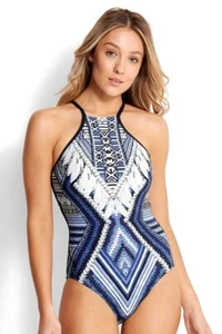 Seafolly Desert Tribe High Neck Maillot One Piece Swimsuit Size 16 Bluestone - Picture 1 of 7