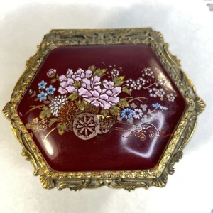 Lego Japan Trinket Box Music Jewelry 3 Footed Brass Enamel Flower Cart Vintage - Picture 1 of 14