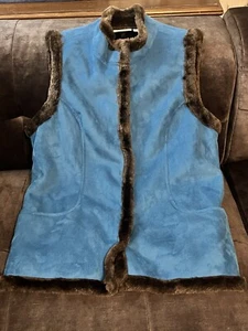 Denim & Co Faux Blue Suede & Brown Faux Fur Lined Vest Sz-L - Picture 1 of 11