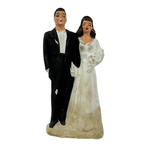 Vintage 1950s Bride Groom Wedding Couple Cake Topper Fifties Chalkware Retro - Picture 1 of 12