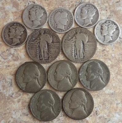 LOTE DE MONEDAS DE DIEZ CENTAVOS DE PLATA CHATARRA DE EE. UU. Standing Liberty, Mercury & Barber, níquel de guerra (lote #1) Foto 1 de 2