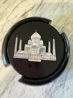 Juego de posavasos de mármol negro Taj Mahal con incrustaciones de madreperla moderno Foto 1 de 4