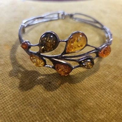 Baltic Amber Multicoloured Pear Gemstones Bracelet Bangle Sterling Silver 925 - Image 1 of 4