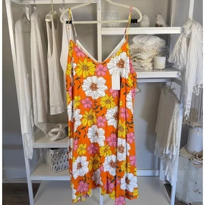Emily Wonder plus sz. 3X orange pink white floral asymmetrical midi dress #2291 - Picture 1 of 6