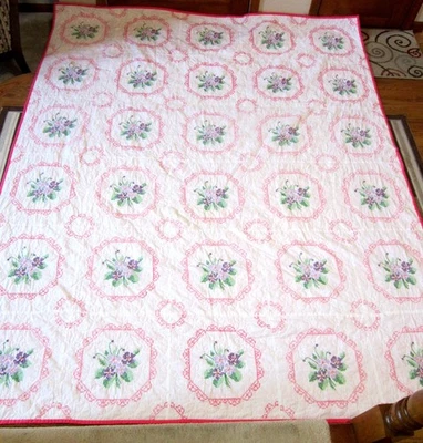 USA Handmade Queen Size Patchwork Quilt-Hand Embroidered- 82" x 98" Violets - Image 1 of 4