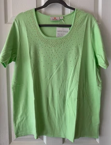 Top tejido Key Lime de Quacker Factory camisa cuello redondo adornada 100 % algodón 1X - Imagen 1 de 7