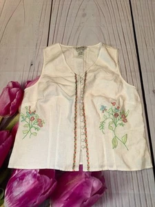 Orvis 100 % Leinen ärmelloses Top mit Knopfleiste bestickt Blumen Größe Small weiß - Bild 1 von 3