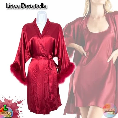 NUEVO CON ETIQUETAS Linea Donatella Para Mujer L Cherie Amour Bata Recortada con Plumas SOLO CAU097, Roja Foto 1 de 4