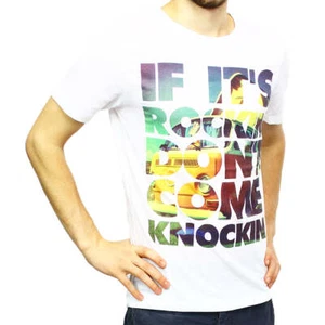 MENS WHITE SHORT SLEEVE ROCKIN TSHIRT - Picture 1 of 2