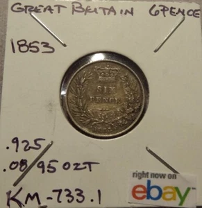 1853 GREAT BRITAIN 6 PENCE KM-733.1 .925 STERLING - Picture 1 of 2