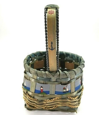 Nautical Woven Basket Blue Green Anchor Lighthouse Boat Cover