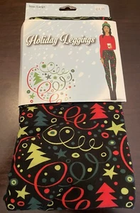 Holiday Leggings Christmas Tree & Tinsel Black Red Green Sz Large - Picture 1 of 6