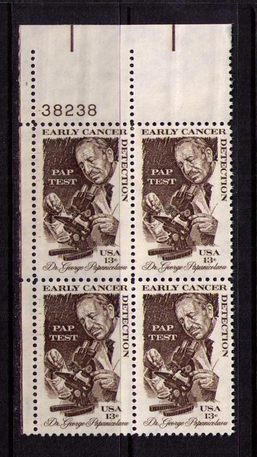 US USA Sc# 1754 MNH FVF PL# BLOCK Pap Cancer Pap Test Microscope Dr Papanicolaou - Image 1 of 1