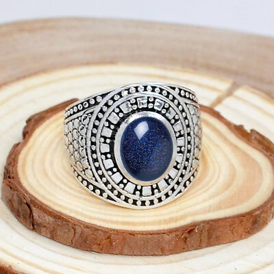 Ювелирные изделия мужское кольцо ручной работы из серебра 925 пробы с голубым золотым камнем овальной огранки - Изображение 1 из 3