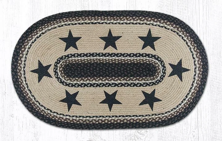 Braided Jute Painted Stenciled Oval Area Rug. BLACK STARS. Earth Rugs. 7 Sizes - Image 1 of 1