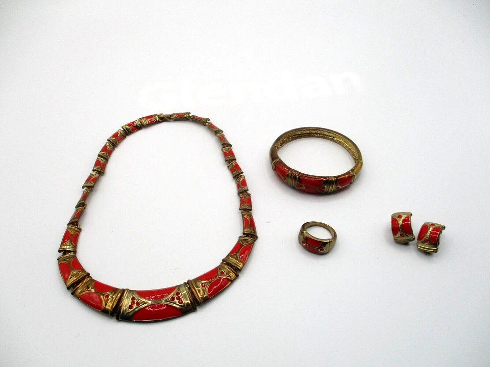 DE COLECCIÓN ESMALTE ROJO RENACIMIENTO EGIPCIO GARGANTILLA COLLAR PULSERA PENDIENTES ANILLO PARURE Foto 1 de 4
