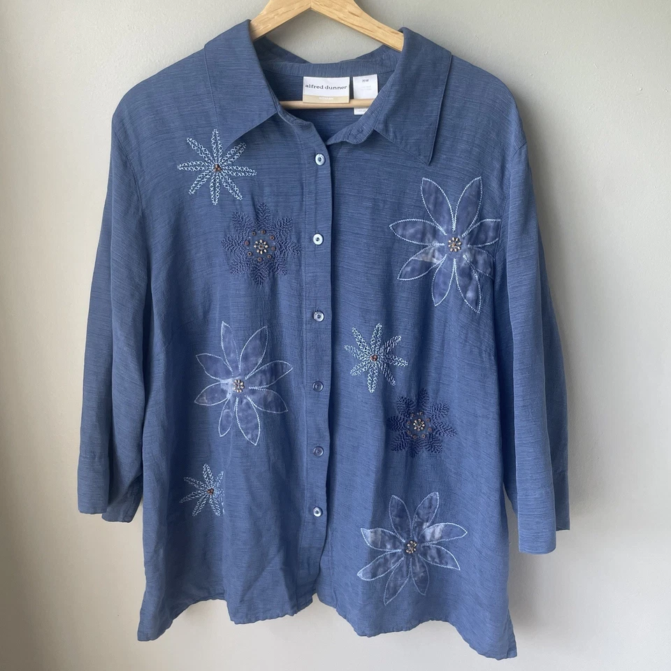 Camisa Alfred Dunner Mujer 100% Seda Talla Grande 20W Floral Oficina Cuentas Azul Foto 1 de 4