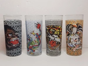 Don Ed Hardy Decorated Dinking Glasses Set of 4 Preowned Tiger Dragon Gorilla - Picture 1 of 2