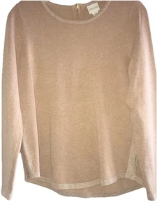 Chico's Knit Scoop Neck Pullover Top Sweater Long Sleeve Camel Tan Lurex Trim - Picture 1 of 5