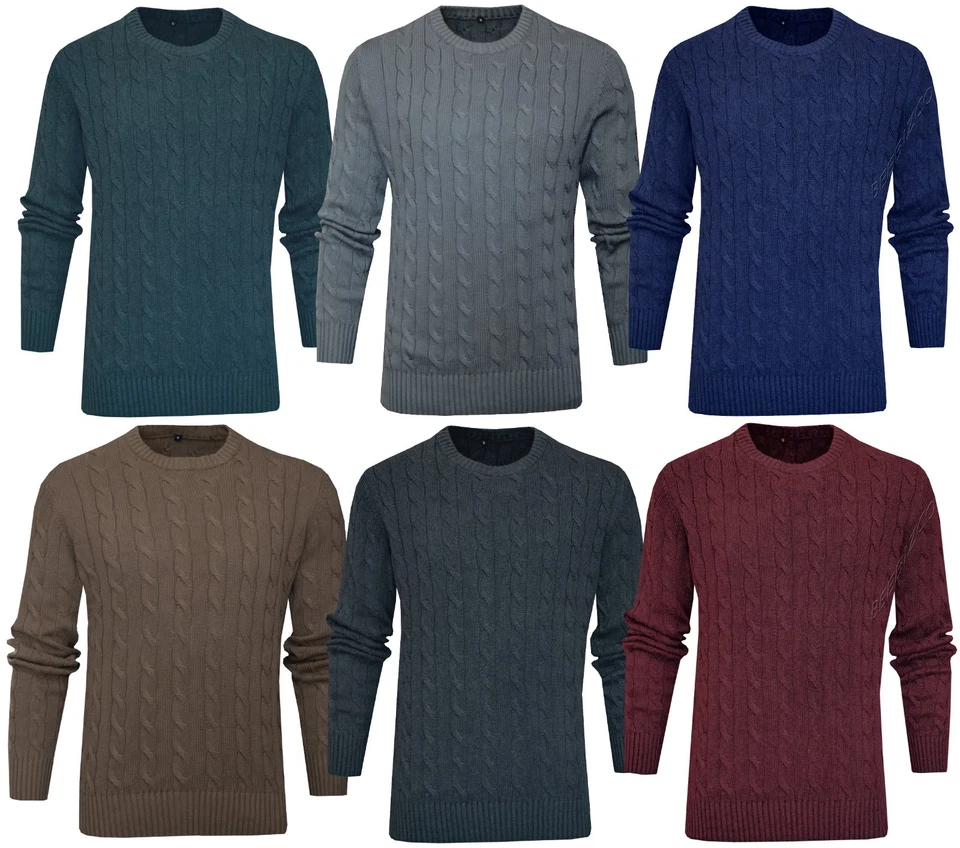 Knitted Jumper Cable Knit 100%Cotton Plain Crew Neck Pullover Sweater Casual Top - Image 1 of 4