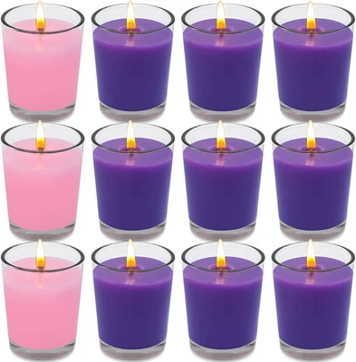 12 Paquetes Velas Votivas de Adviento de Navidad en Vidrio, Sin Perfume 9 Púrpura y 3 Rosa Foto 1 de 4
