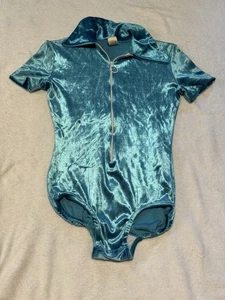 VTG 70s ILGWU Blue Velvet Zip Bodysuit S Short Sleeve Collared USA Made Disco  - Picture 1 of 8