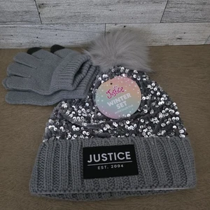 Justice Girls GRAY Faux Fur Pom Pom Sherpa Beanie Hat/Gloves Set NEW - Picture 1 of 6