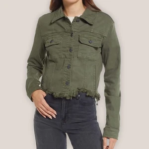 NWT Hidden Jeans Green Cut Off Jacket Button Up Frayed Hem Denim Coat | L - Picture 1 of 15