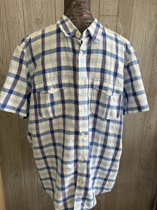 Banana Republic Men Size L White Blue Plaid Linen Short Sleeve Shirt - Picture 1 of 7
