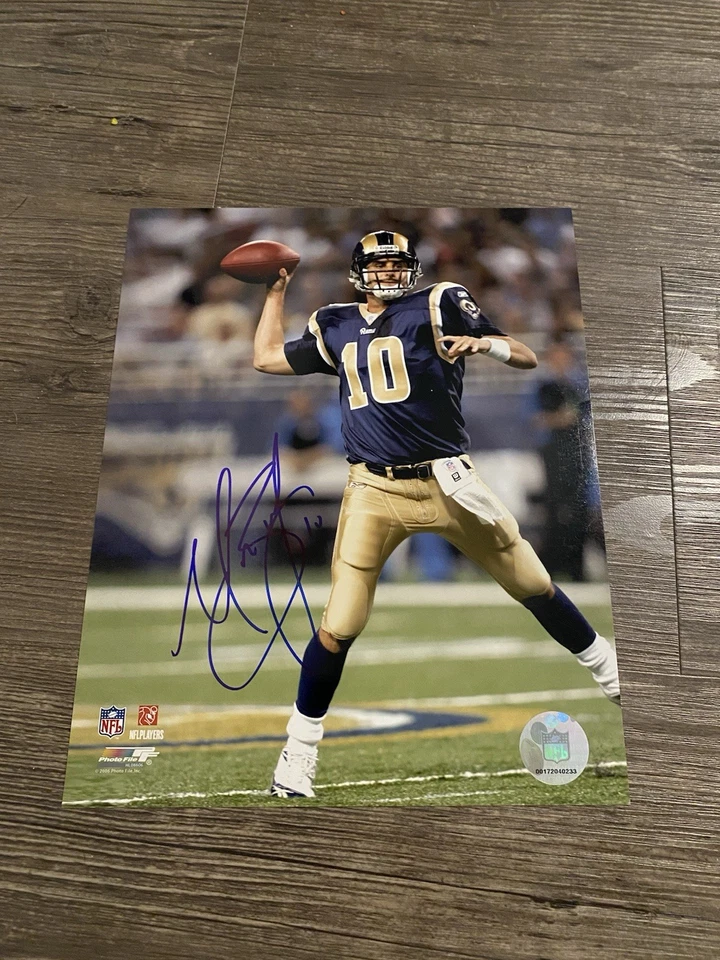 Foto de fútbol americano firmada por Marc Bulger St Louis Rams 8x10 NFL WVU Mountaineers Foto 1 de 1