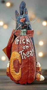 Primitivo Halloween Otoño Truco o Trato Gato Negro con Calabaza Retro 7.25" - Imagen 1 de 3