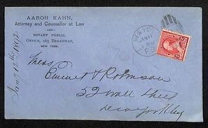 Aaron Kahn Attorney Broadway / Robinson 52 Wall St. NYC 1892 Cover Only Scarce - Picture 1 of 2