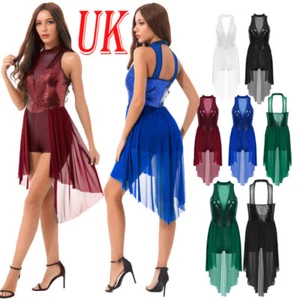 Women Shiny Sequins Lyrical Dance Dress Mock Neck Mesh Skirted Leotard Dancewear - Picture 1 of 44