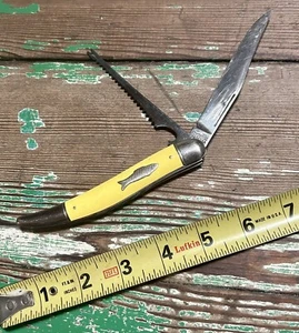 Vintage Imperial Yellow Two Blade Fishing Knife Prov RI USA Clean! Good Snap! - Picture 1 of 6