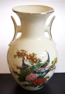 Vintage White Double Handled Japanese Peacock Ceramic Vase 10" - Picture 1 of 6