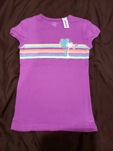 Old Navy Girls Purple Palm Tree Sunset Beach Horizon Striped T-Shirt Size 10-12 - Picture 1 of 2