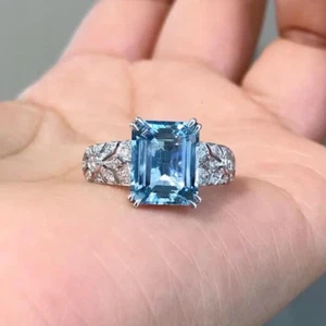 2 Ct Emerald Simulated Aquamarine Women's Anniversary Ring 14K White Gold Plated - Picture 1 of 6