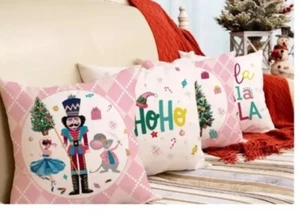 Christmas Pillow Covers 16 x 16 Inch Set of 4 Pink Diamond Nutcracker Tree Pink - Picture 1 of 16