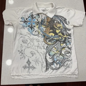 Manchester Ltd Y2K Graphic Print White T-Shirt Polo Mens XXL Dual Sided Buckle - Picture 1 of 9